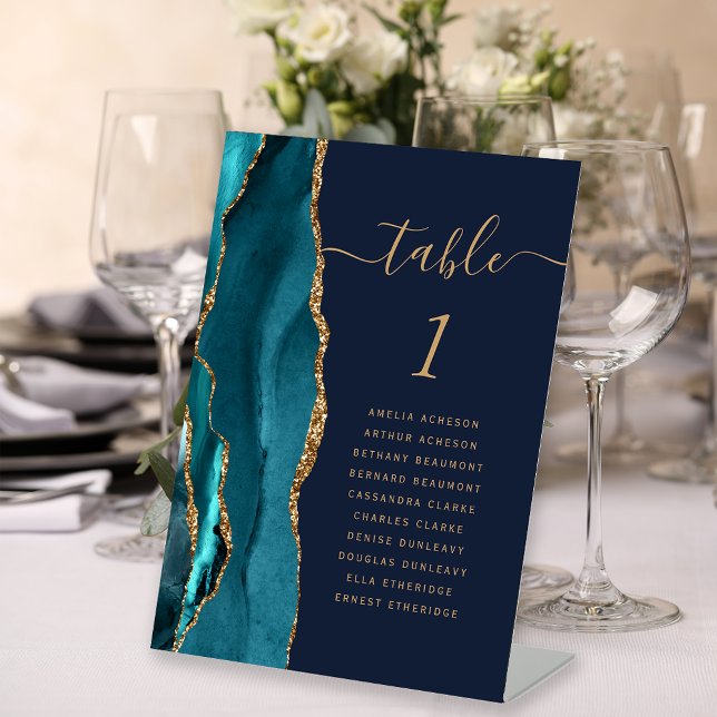Teal Gold Agate Navy Blue Wedding Table Number Pedestal Sign (Creator Uploaded)