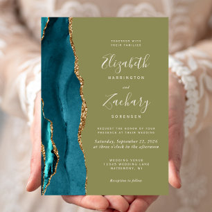 Teal Gold Agate Olive Green Wedding Invitation