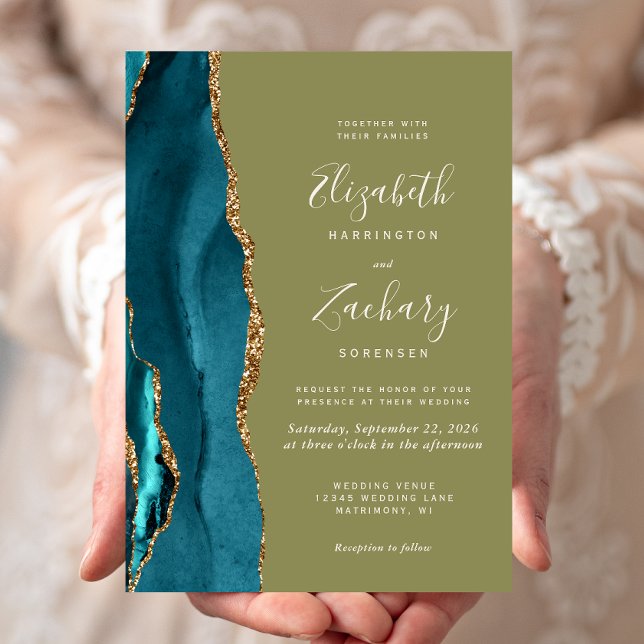 Teal Gold Agate Olive Green Wedding Invitation (Creator Uploaded)