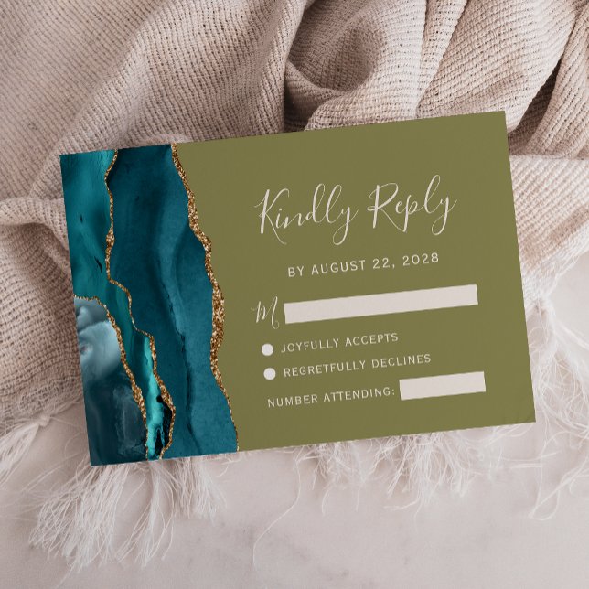 Teal Gold Agate Olive Green Wedding RSVP Card (Creator Uploaded)