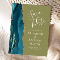 Teal Gold Agate Olive Green Wedding Save the Date