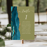 Teal Gold Agate Olive Green Wedding Table Number<br><div class="desc">The left-hand edge of this elegant modern wedding table number card features a teal watercolor agate border trimmed with faux gold glitter. The word "table" appears in ivory handwriting script on an olive green background. Add the names of your guests who are assigned to each table.</div>
