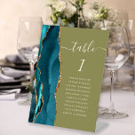 Teal Gold Agate Olive Green Wedding Table Number Pedestal Sign<br><div class="desc">The left-hand edge of this elegant modern wedding table number pedestal features a teal blue watercolor agate border trimmed with faux gold glitter. The word "table" appears in whimsical ivory script on an olive green background. Add the names of your guests who are assigned to each table.</div>
