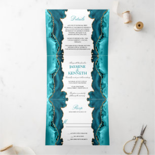 Teal & Gold Agate on White Wedding Tri-Fold Invitation
