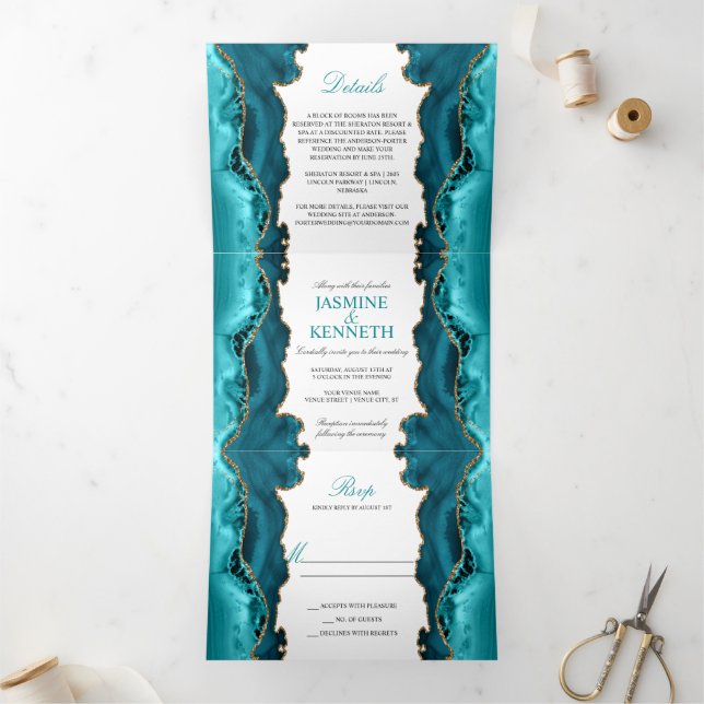Teal & Gold Agate on White Wedding Tri-Fold Invitation (Inside)