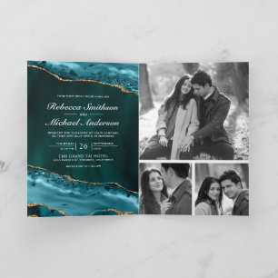 Teal Gold Agate Photo Collage QR Code Wedding Invitation
