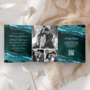 Teal Gold Agate Photo Collage QR Code Wedding Tri-Fold Invitation