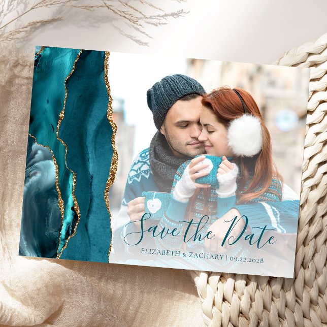 Teal Gold Agate Photo Save the Date Postcard (Creator Uploaded)