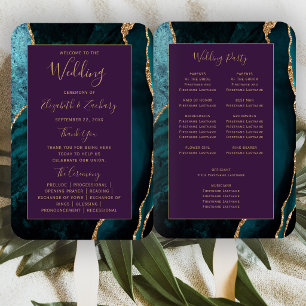 Teal Gold Agate Purple Wedding Program Hand Fan