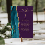 Teal Gold Agate Purple Wedding Table Number<br><div class="desc">The left-hand edge of this elegant modern wedding table number card features a teal watercolor agate border trimmed with faux gold glitter. The word "table" appears in gold-coloured handwriting script on a purple background. Add the names of your guests who are assigned to each table.</div>