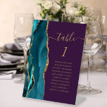 Teal Gold Agate Purple Wedding Table Number Pedestal Sign<br><div class="desc">The left-hand edge of this elegant modern wedding table number pedestal features a teal blue watercolor agate border trimmed with faux gold glitter. The word "table" appears in whimsical gold-coloured script on a purple background. Add the names of your guests who are assigned to each table.</div>