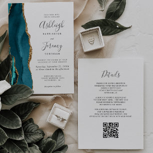 Teal Gold Agate QR Code Wedding Invitation