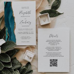 Teal Gold Agate QR Code Wedding Invitation