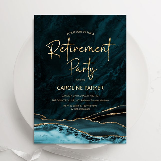 Teal Gold Agate Retirement Party Invitation (Creator Uploaded)