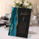 Teal Gold Agate Script Dark Wedding Table Number Pedestal Sign<br><div class="desc">The left-hand edge of this elegant modern wedding table number pedestal features a teal blue watercolor agate border trimmed with faux gold glitter. The word "table" appears in whimsical gold-coloured script on a slate black background. Add the names of your guests who are assigned to each table.</div>