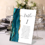 Teal Gold Agate Script Wedding Table Number Pedestal Sign<br><div class="desc">The left-hand edge of this elegant modern wedding table number pedestal features a teal blue watercolor agate border trimmed with faux gold glitter. The word "table" appears in whimsical charcoal grey script on a white background. Add the names of your guests who are assigned to each table.</div>