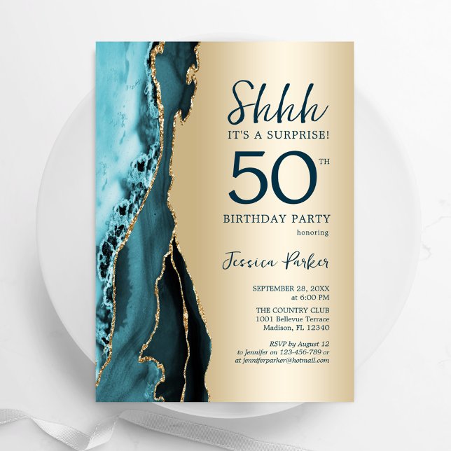 Teal Gold Agate Surprise 50th Birthday Invitation (Creator Uploaded)