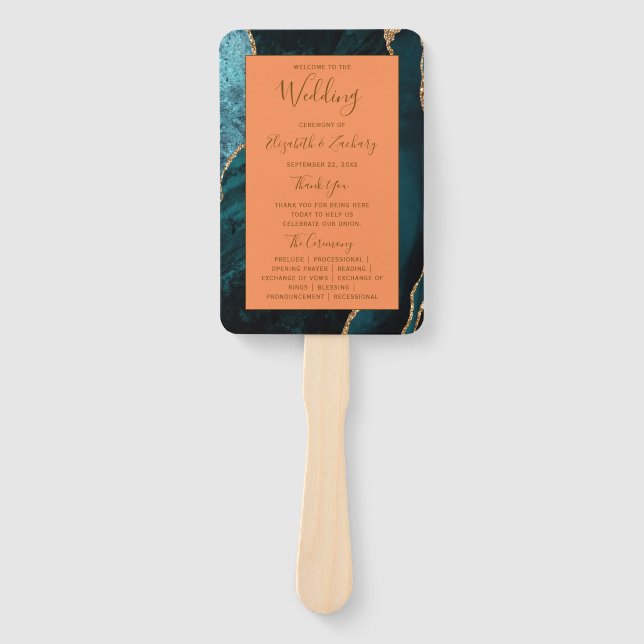 Teal Gold Agate Tangerine Wedding Program Hand Fan (Front)