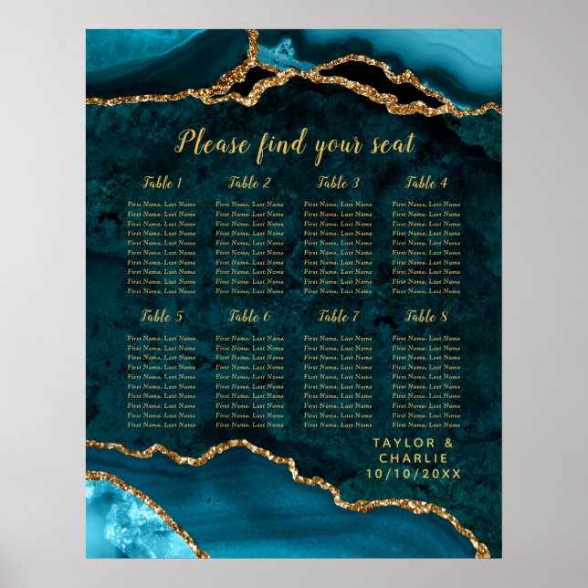 Teal Gold Agate Wedding Seating Chart 8 Table (Front)