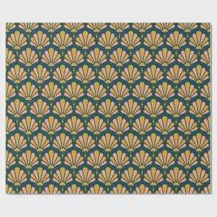 Teal, Gold and Peach 1920s Art Deco Teardrop Fan Wrapping Paper