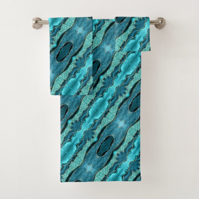 Teal Gold Aqua Glitter Turquoise Bath Towel Set (Insitu)