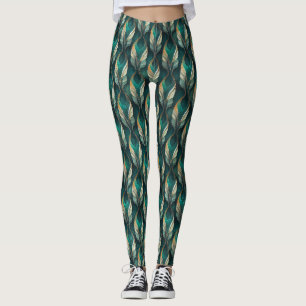 Teal & Gold Art Deco Geometric Pattern Design Leggings