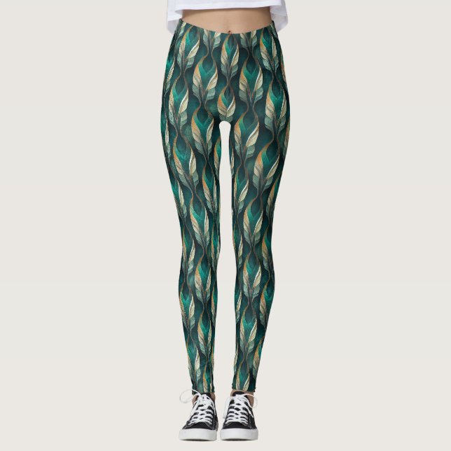 Teal & Gold Art Deco Geometric Pattern Design Leggings (Front)