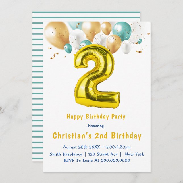 Teal Gold Balloons 2nd Birthday Invitations  (Front/Back)