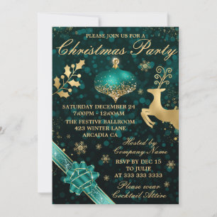 Teal & Gold Bauble & Ribbon Christmas Party Invitation
