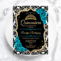 Teal Gold Black Damask Elegant Quinceanera