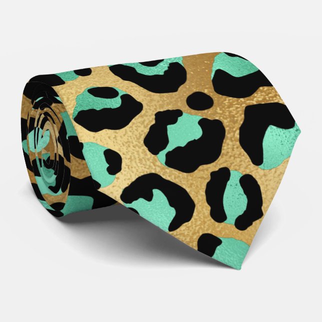 Teal gold black leopard print animal skin elegant tie (Rolled)