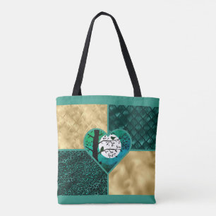 Teal, Gold & Black Moonlight Birds Tote Bag