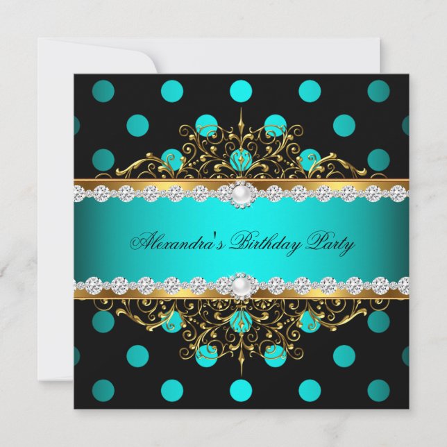 Teal Gold Black Polka Dots Pearl Birthday Party Invitation (Front)