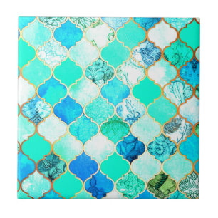 Teal, Gold, Blue Green Mermaid Pattern Ceramic Tile