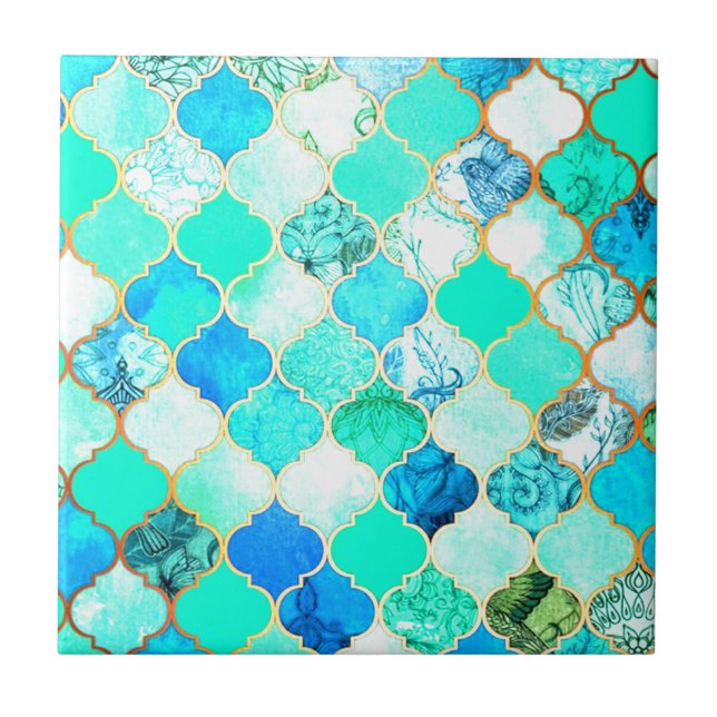 Teal, Gold, Blue Green Mermaid Pattern Ceramic Tile (Front)