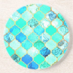 Teal, Gold, Blue Green Mermaid Pattern Coaster
