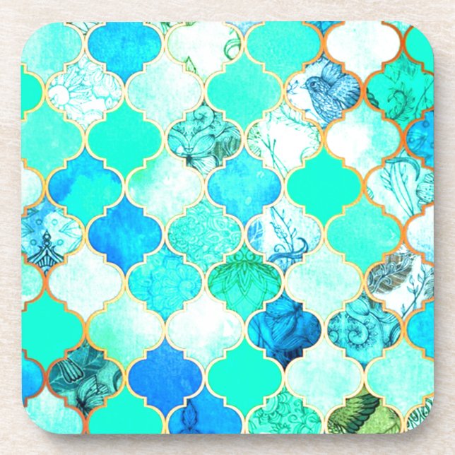 Teal, Gold, Blue Green Mermaid Pattern Coaster (Front)