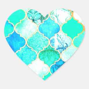 Teal, Gold, Blue Green Mermaid Pattern Heart Sticker