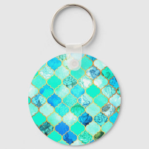 Teal, Gold, Blue Green Mermaid Pattern Key Ring