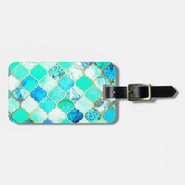 Teal, Gold, Blue Green Mermaid Pattern Luggage Tag (Front Horizontal)