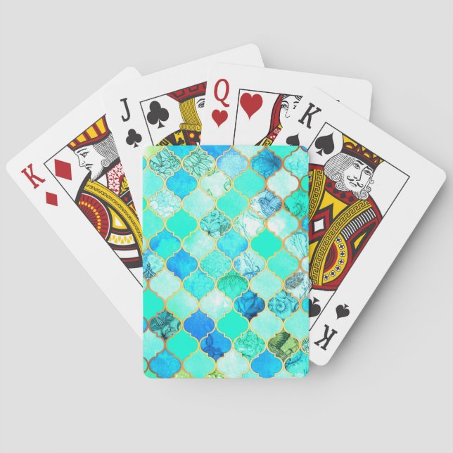 Teal, Gold, Blue Green Mermaid Pattern Playing Cards (Back)