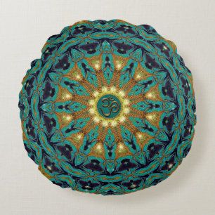 Teal Gold Bohemian Mandala OM Yoga Round Cushion