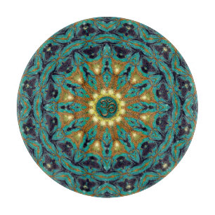 Teal Gold Bohemian Mandala OM Yoga Round Cushion Cutting Board