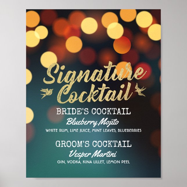 Teal Gold Bokeh Light Wedding Signature Drink Menu Poster (Front)