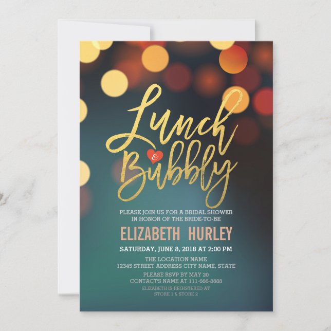 Teal Gold Bokeh Lights Lunch Bubbly Bridal Shower Invitation (Front)