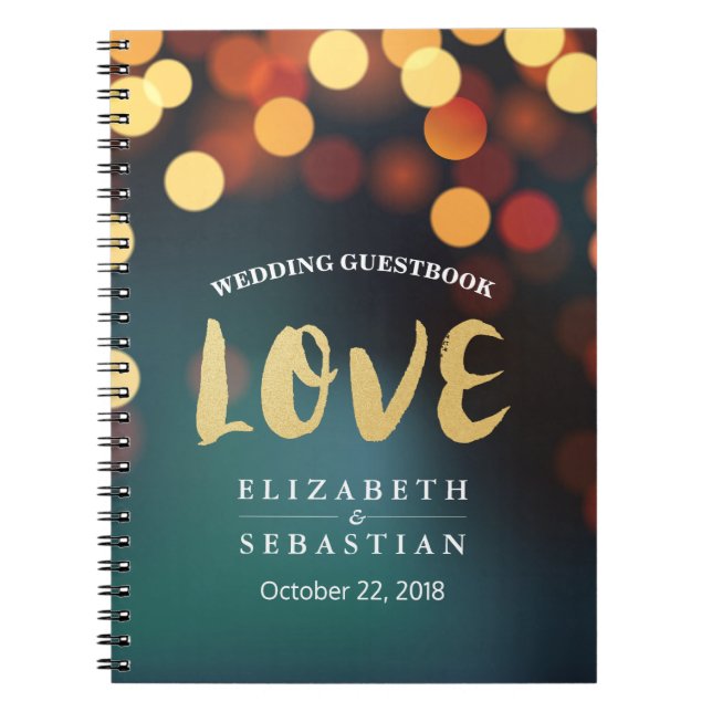 Teal Gold Bokeh String Lights Wedding Guestbook Notebook (Front)
