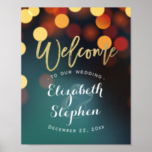 Teal Gold Bokeh Welcome Wedding Reception Sign