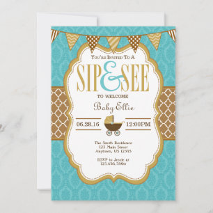 Teal Gold Brown Sip And See Invitation