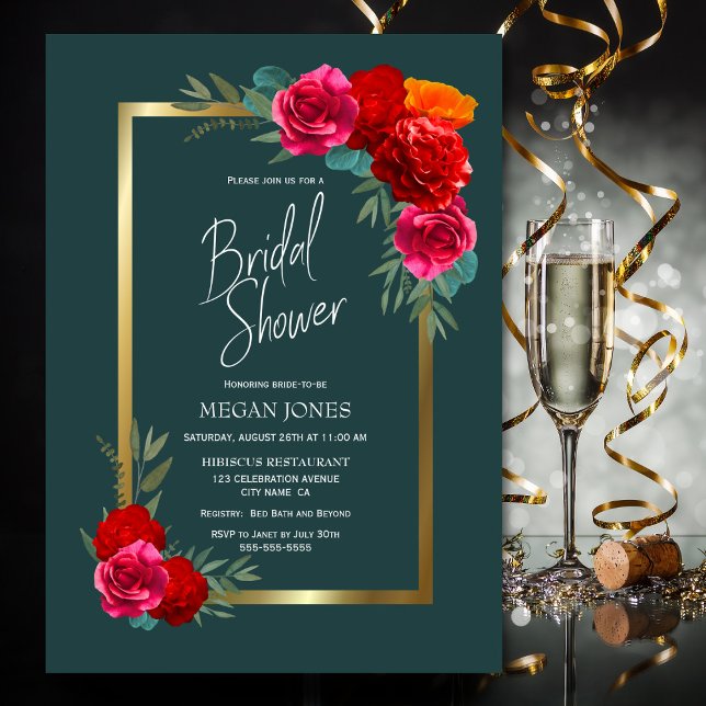 Teal Gold Burgundy Floral Bridal Shower Invitation (Creator Uploaded)
