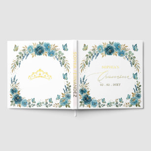 Teal Gold Butterflies Floral Quinceañera Guest Book